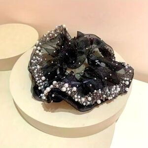 Pearl And Rhinestone Hair Scrunchie- Black